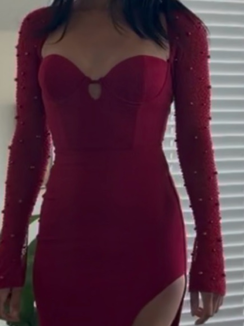 San Marino Burgundy High-Low Evening Dress with Thigh Slit